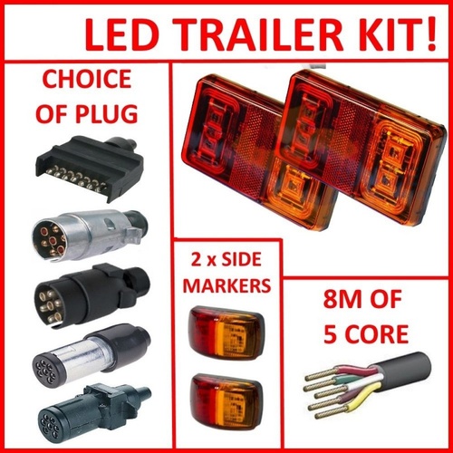 2 x LED TRAILER LAMPS, 1 x PLUG, 2 x SIDE MARKERS & 8M OF 5 CORE WIRE