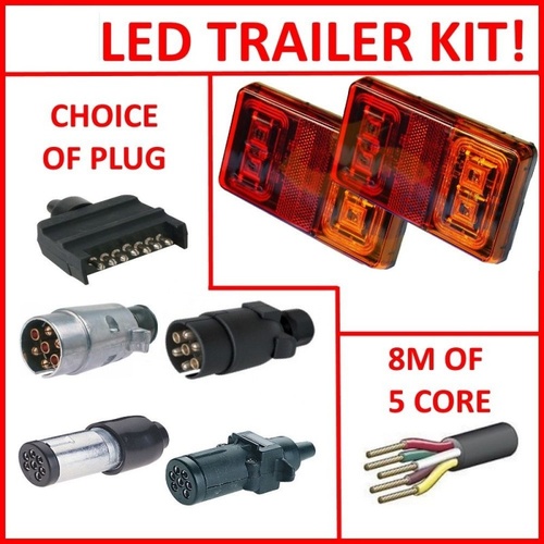 2 x LED TRAILER LAMPS, 1 x PLUG & 8M OF 5 CORE WIRE