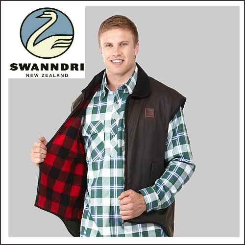 SWANNDRI MENS FOXTON OIL SKIN VEST BROWN WITH WOOL LINING NZ OUTDOORS CAMPING