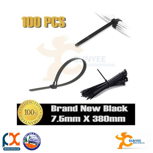 SUNYEE 100PCS BLACK NYLON CABLE TIES (7.5MM x 380MM) GOOD QUALITY UV STABILISED